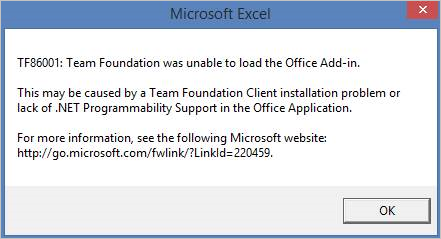TF86001 foutbericht kan Team Foundation de Office-invoegtoepassing niet laden.