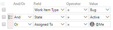 Schermopname van een groepscomponentquery, met filters voor zowel het veld Werkitem als een van het veld State of het veld Toegewezen aan.