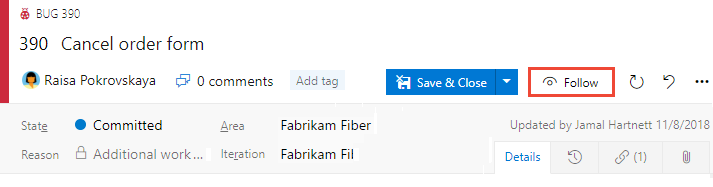 Schermopname van het werkitemformulier, pictogrambesturingselement volgen.