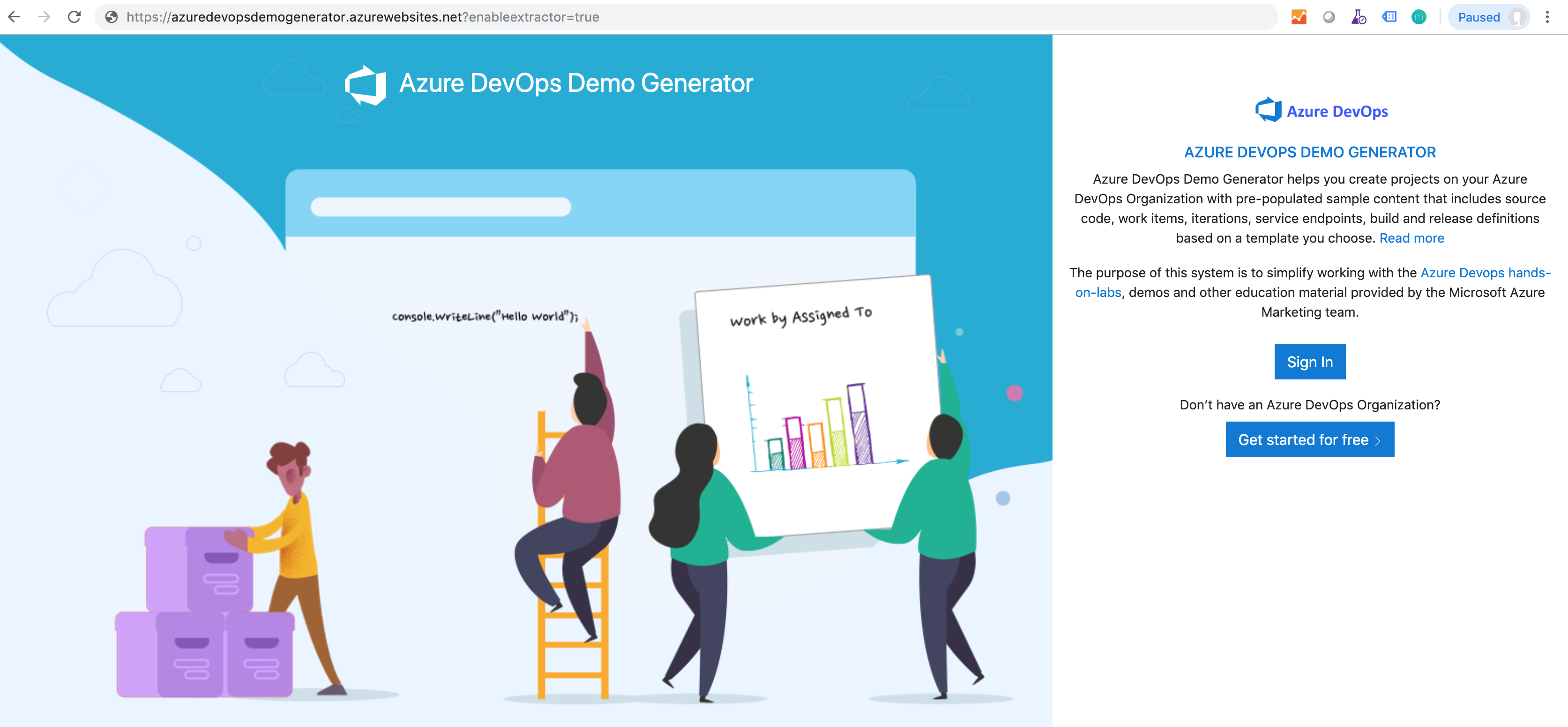 Schermopname van de startpagina van de Azure DevOps Generator.