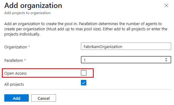 Schermopname van het configureren van open access voor meerdere organisaties.
