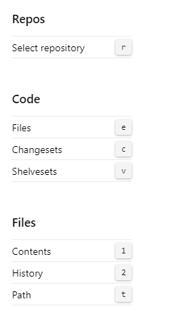 Schermopname van tfvc-sneltoetsen voor Azure DevOps 2020 Repos.