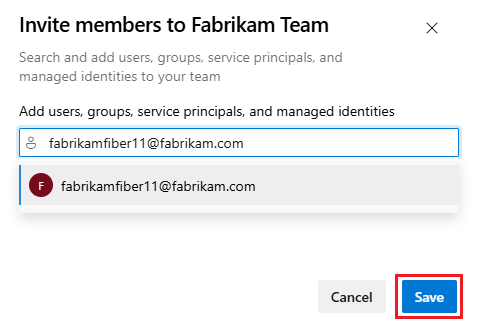 Schermopname van het dialoogvenster Leden uitnodigen voor het team, kies het gebruikersaccount dat u aan het team wilt toevoegen.