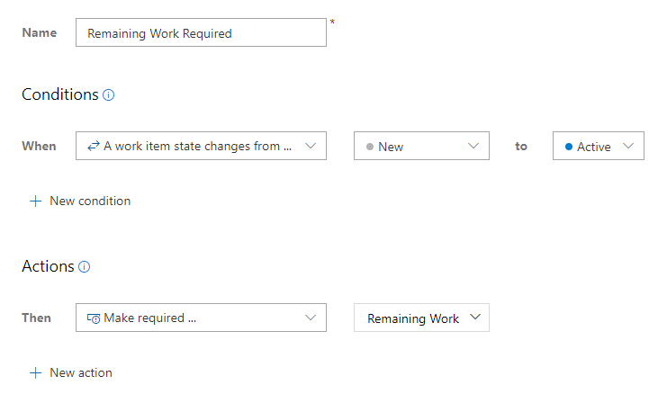 Schermopname van de aangepaste regel om resterende hoeveelheid werk vereist te maken wanneer de status wordt gewijzigd in Actief.