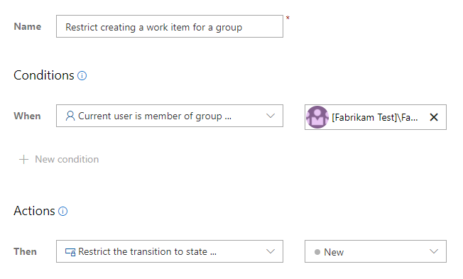 Schermopname van aangepaste regel om het maken van een werkitem door een groep te beperken.