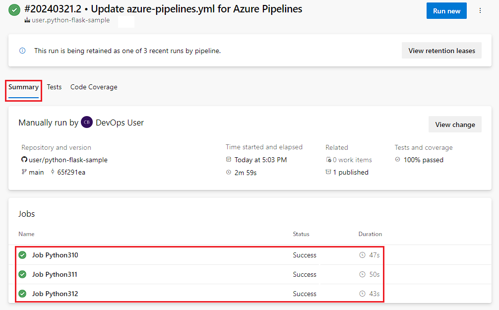 Schermopname van de voltooide Python-taak met meerdere versies.