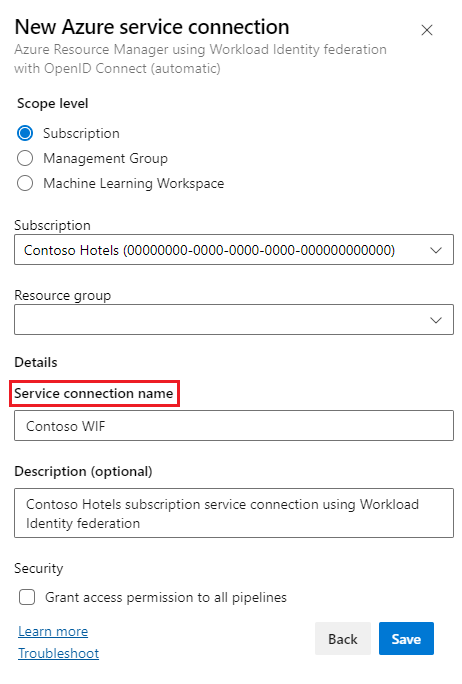 Schermopname van het scherm Nieuwe Azure-serviceverbinding.