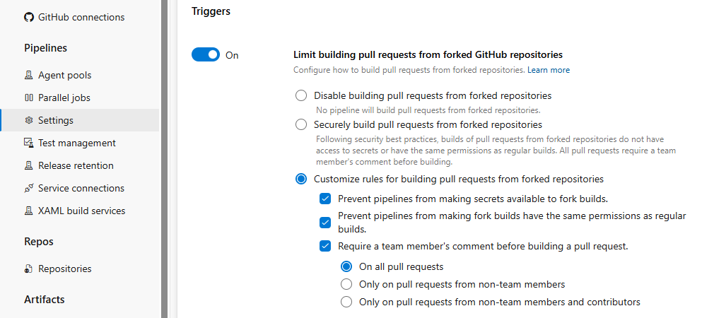 Schermopname van de projectinstellingen voor het beperken van fork-repositories.