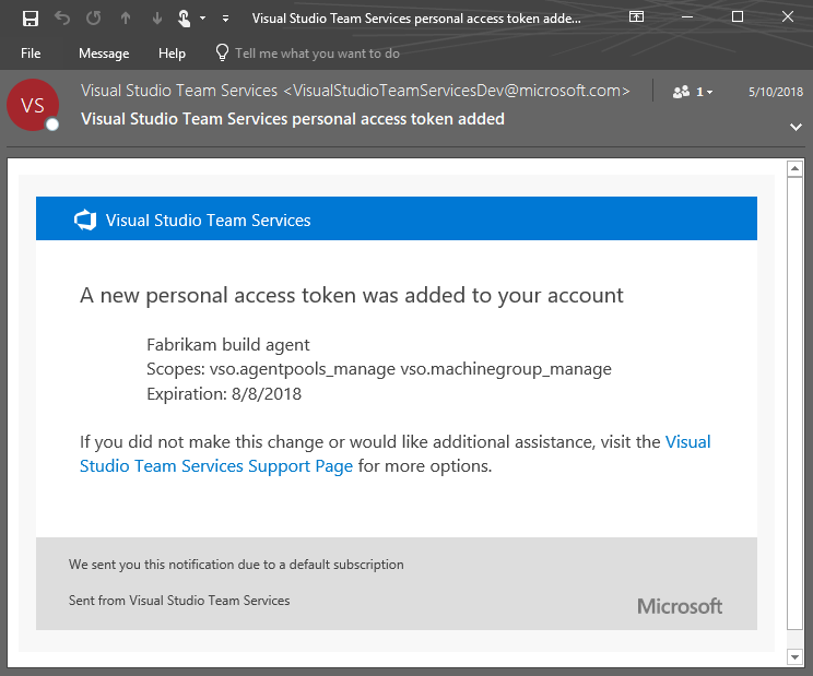 VSTS PAT e-mail toegevoegd