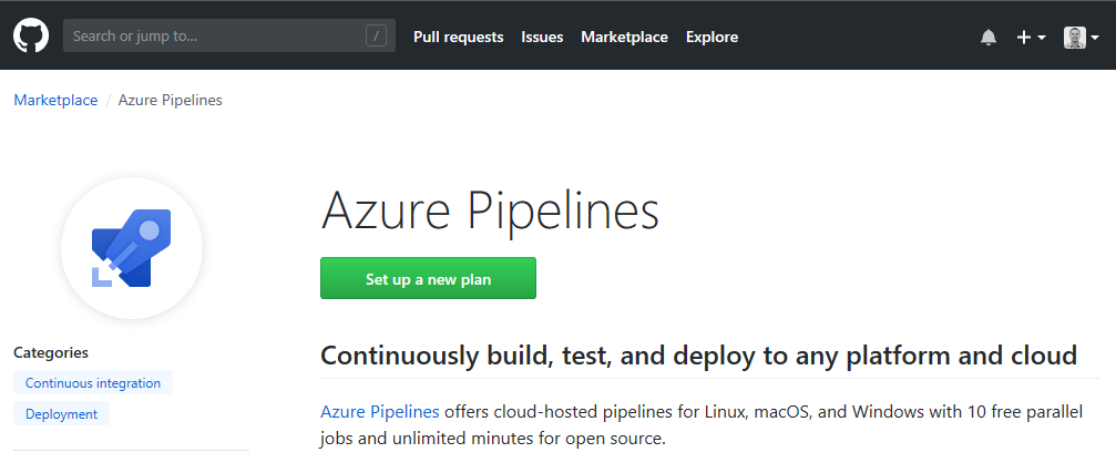 Azure Pipelines-app in GitHub Marketplace