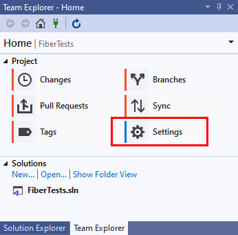 Schermopname van de optie Instellingen in de startpagina van Team Explorer.