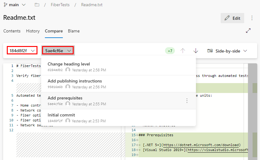 Schermopname van de opties vergelijken in de weergave Bestand vergelijken op de azure DevOps-opslagplaatspagina.