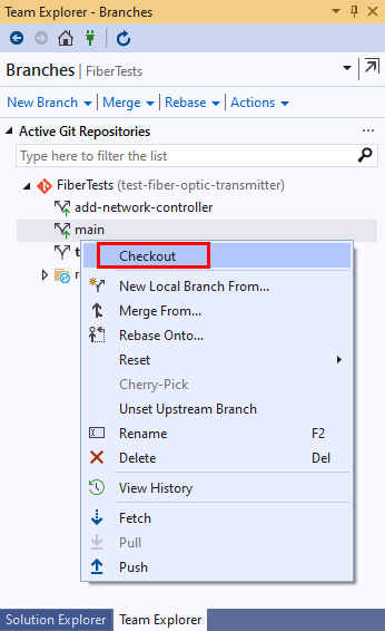 Schermopname van de optie Uitchecken in de weergave Branches van Team Explorer in Visual Studio 2019.