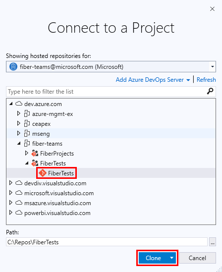 Schermopname van het venster 'Verbinding maken naar een project' in Visual Studio.