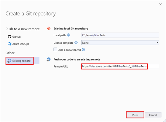 Schermopname van het venster Een Git-opslagplaats maken met de URL van een lege Azure-opslagplaats in Visual Studio 2022.