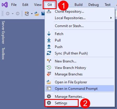 Schermopname van de optie Instellingen in de menubalk van Visual Studio.