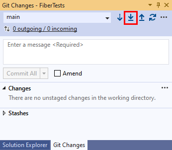 Schermopname van de knop Pull in het venster Git Changes van Visual Studio 2019.