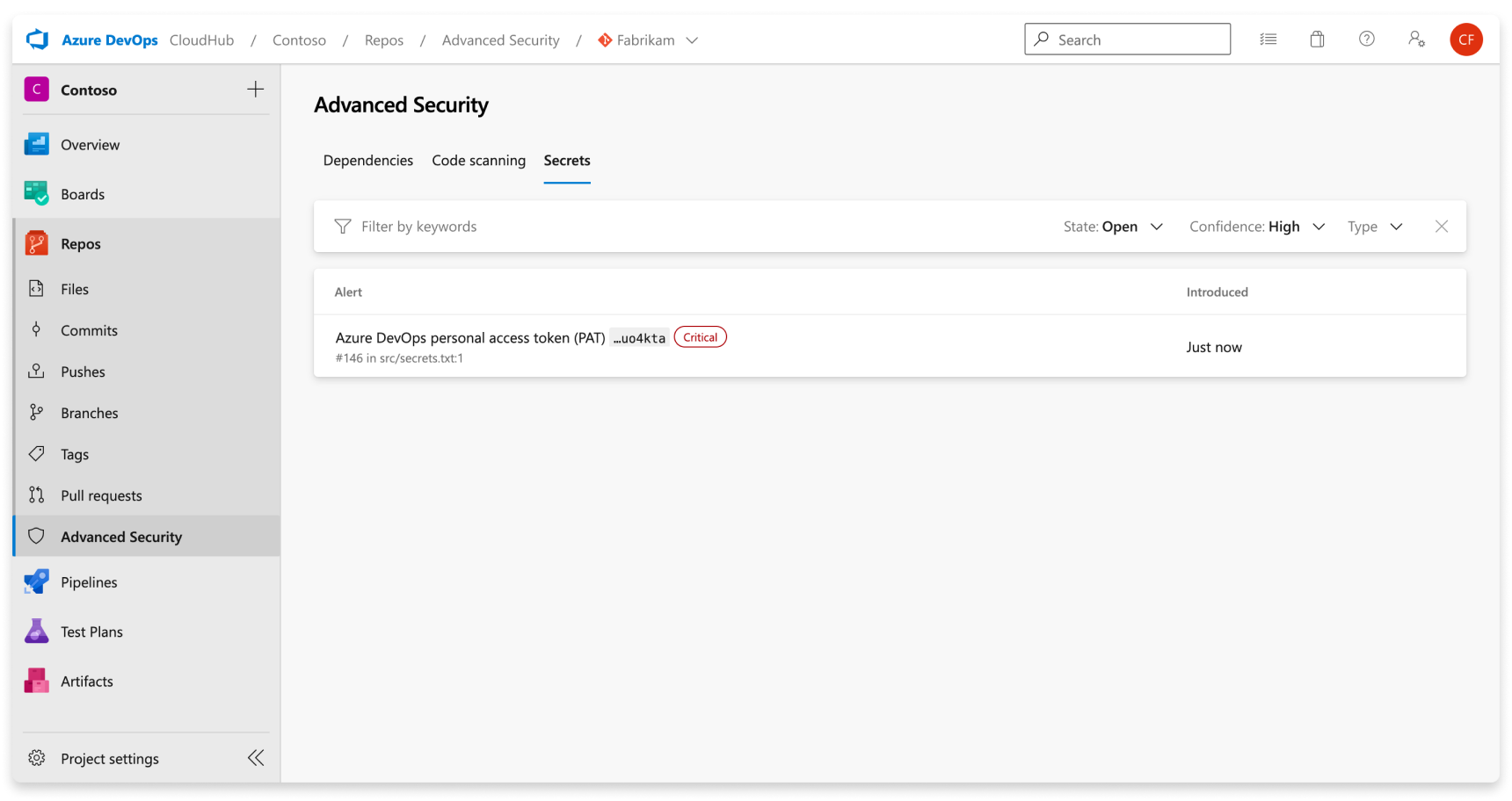 Schermopname met actieve waarschuwingen voor het scannen van geheimen.