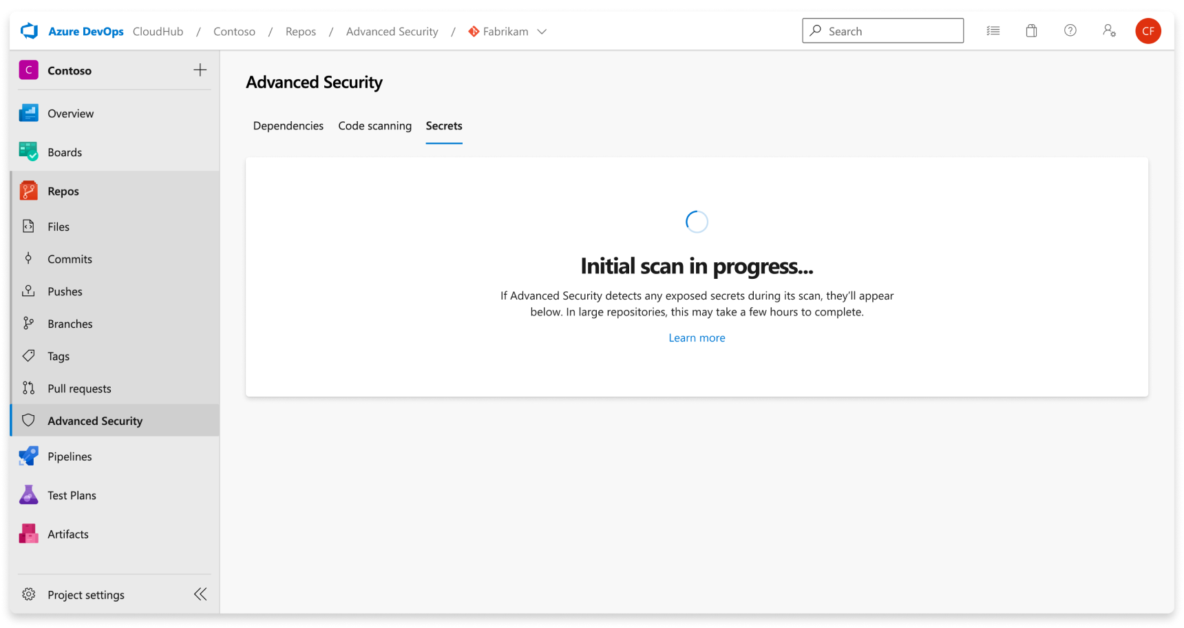 Schermopname van het scannen op geheimen.
