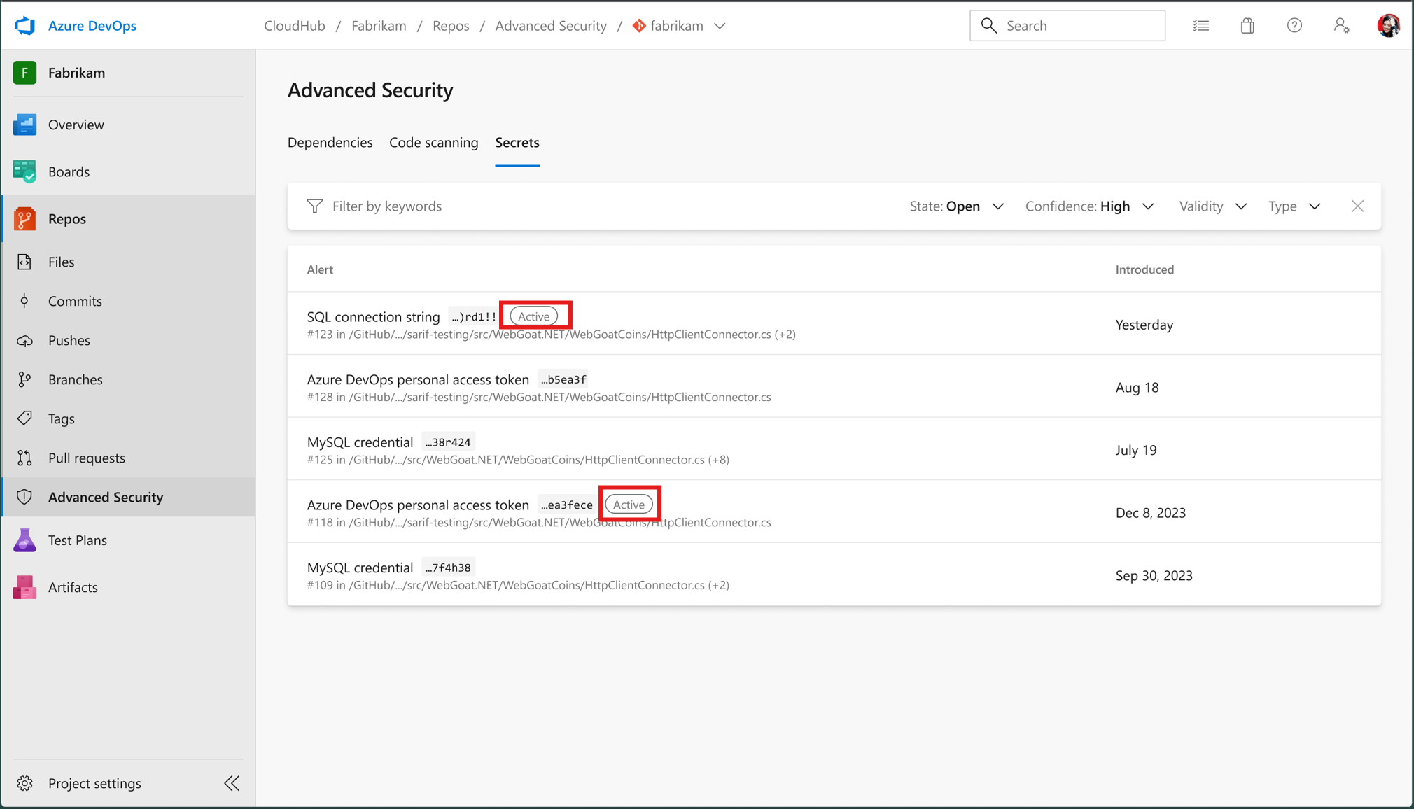 Schermopname van de validatielijst Advanced Security Secret.