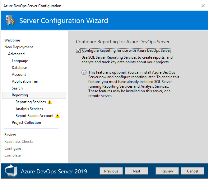 Screenshot of Advanced, Reporting, Azure DevOps Server 2019 and later versions.