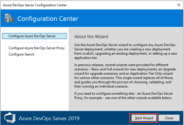 Schermopname van de wizard Azure DevOps Server Configuration Center, pagina Azure DevOps Server configureren.