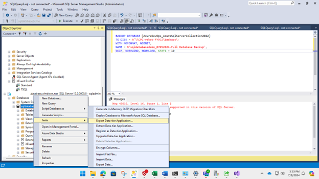 Schermopname toont gemarkeerde knoppen voor de selectie van de toepassing Export Data Tier.