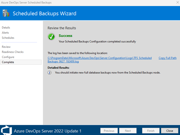 Schermopname van een geslaagde back-upconfiguratie.