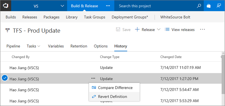Releasedefinitie terugzetten