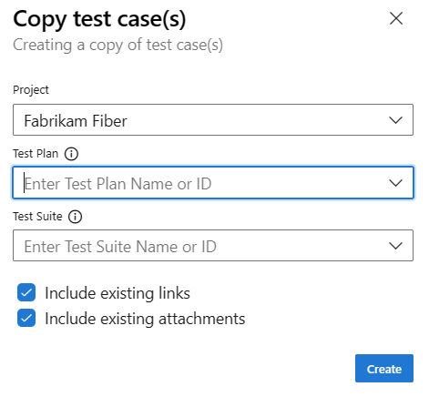 Schermopname van het dialoogvenster Kopieer testcases.