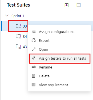 Schermopname van de optie 'Testers toewijzen om alle tests uit te voeren' in een contextmenu van een testsuite.
