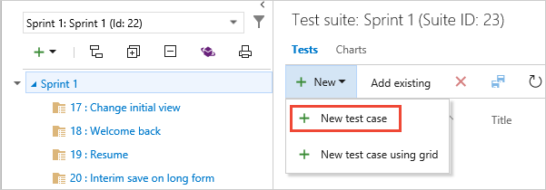 Schermopname van het testpakket voor een achterstandsitem en het toevoegen van een nieuwe testcase.