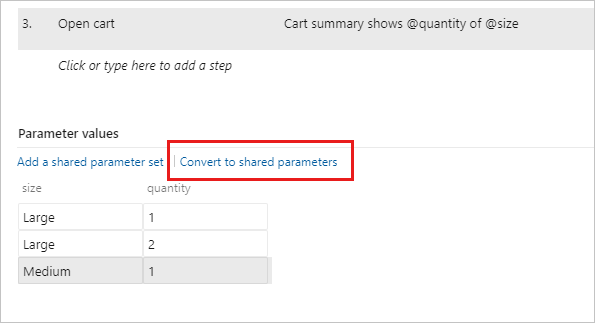 Schermopname van het converteren van bestaande parameters naar gedeelde parameters.