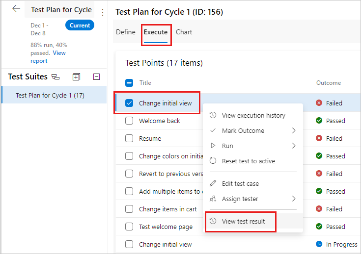 Schermopname van het contextmenu voor een testcase, met de optie Testresultaat weergeven geselecteerd.