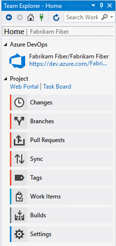 Schermopname van visual studio 2019, startpagina van Team Explorer met Git als broncodebeheer.