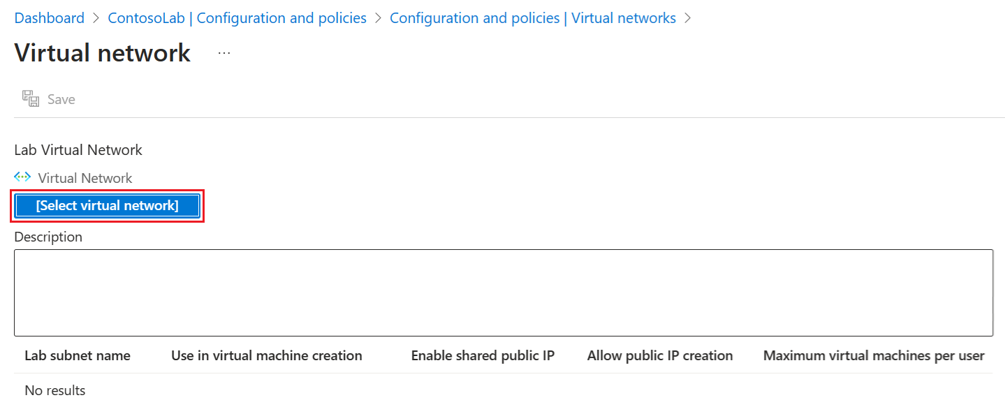Schermopname van het kiezen van de optie Virtueel netwerk selecteren op de pagina Virtueel netwerk.