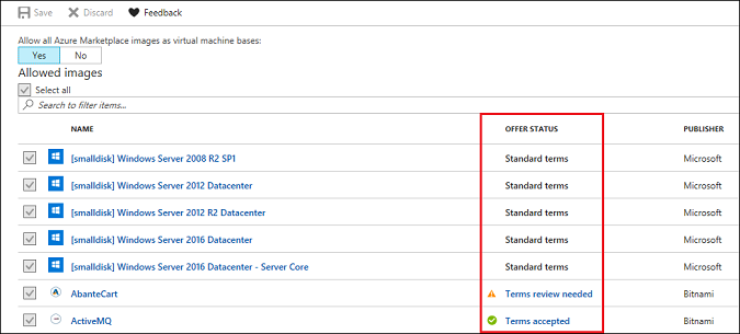 Lijst met Marketplace-installatiekopieën met de aanbiedingsstatus voor elke afbeelding