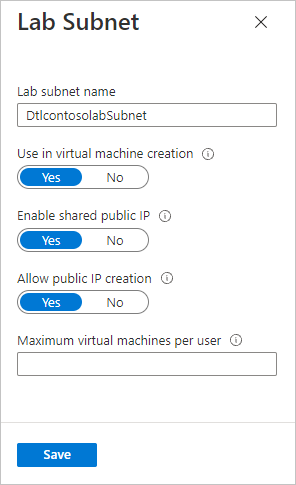 Schermopname van de instelling Shared I P op de pagina Lab Subnet.