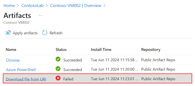 Schermopname die laat zien hoe u het mislukte artefact voor de virtuele machine van het lab kunt vinden en selecteren.