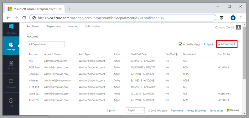 Select Add Account. A screenshot of the Azure Enterprise Portal management page with +Add Account selected.