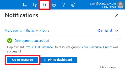 Schermopname van de Azure-meldingen met een geslaagde implementatie en het markeren van de knop Ga naar resource in Azure Portal.