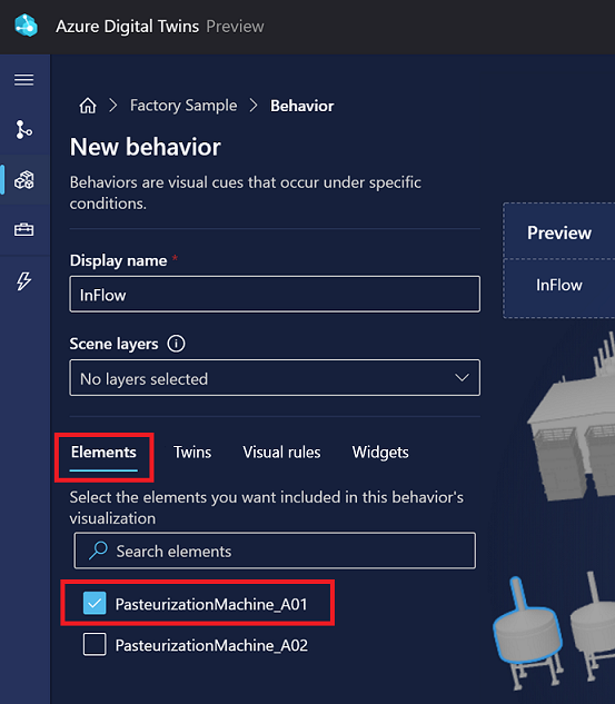 Schermopname van de opties voor nieuw gedrag in 3D Scenes Studio. Het tabblad Elementen is gemarkeerd.