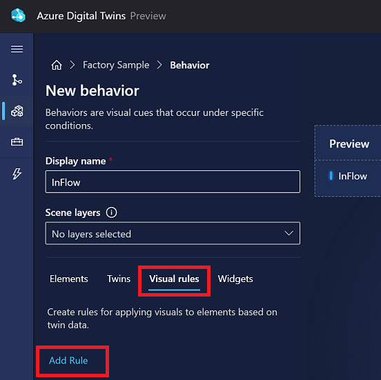 Schermopname van de opties voor nieuw gedrag in 3D Scenes Studio. Het tabblad Visual Rules is gemarkeerd.