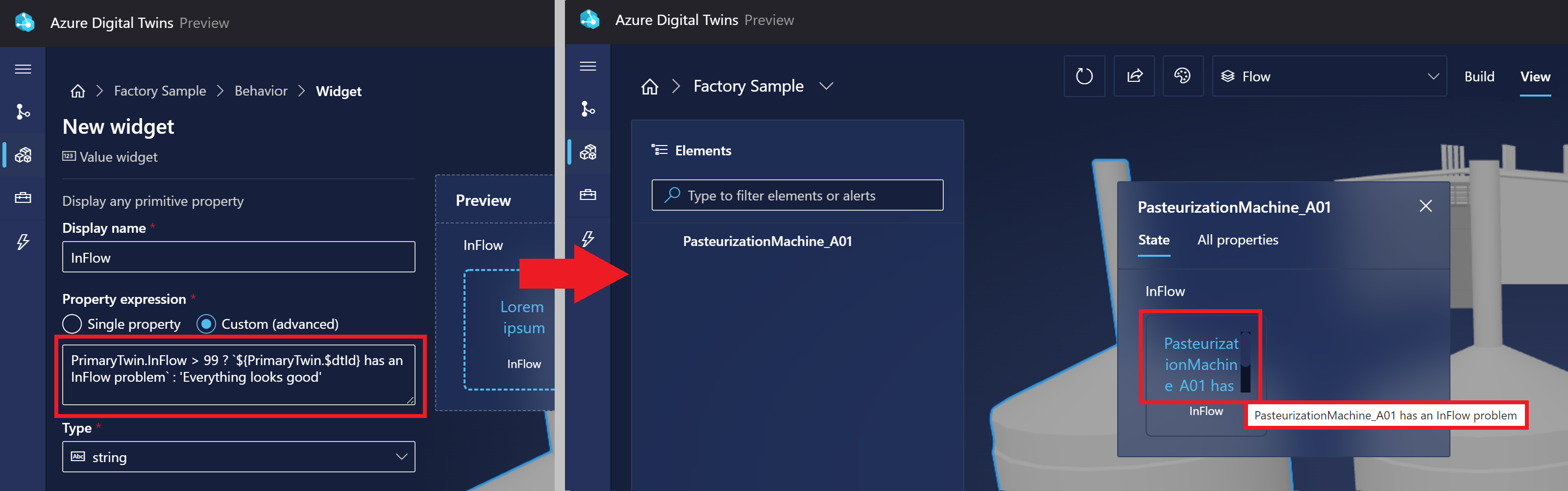 Schermopnamen met de meldingstekst die wordt ingevoerd in het dialoogvenster waardewidget en hoe de widget wordt weergegeven in de Viewer.