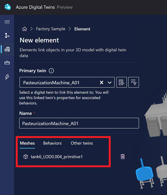 Schermopname van de opties voor het nieuwe element in 3D Scenes Studio. Het tabblad Meshes is gemarkeerd.