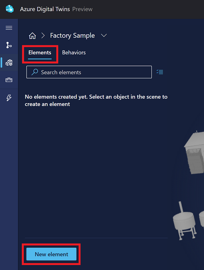 Schermopname van 3D Scenes Studio in de opbouwfunctie voor een scène. De knop Nieuw element is gemarkeerd.