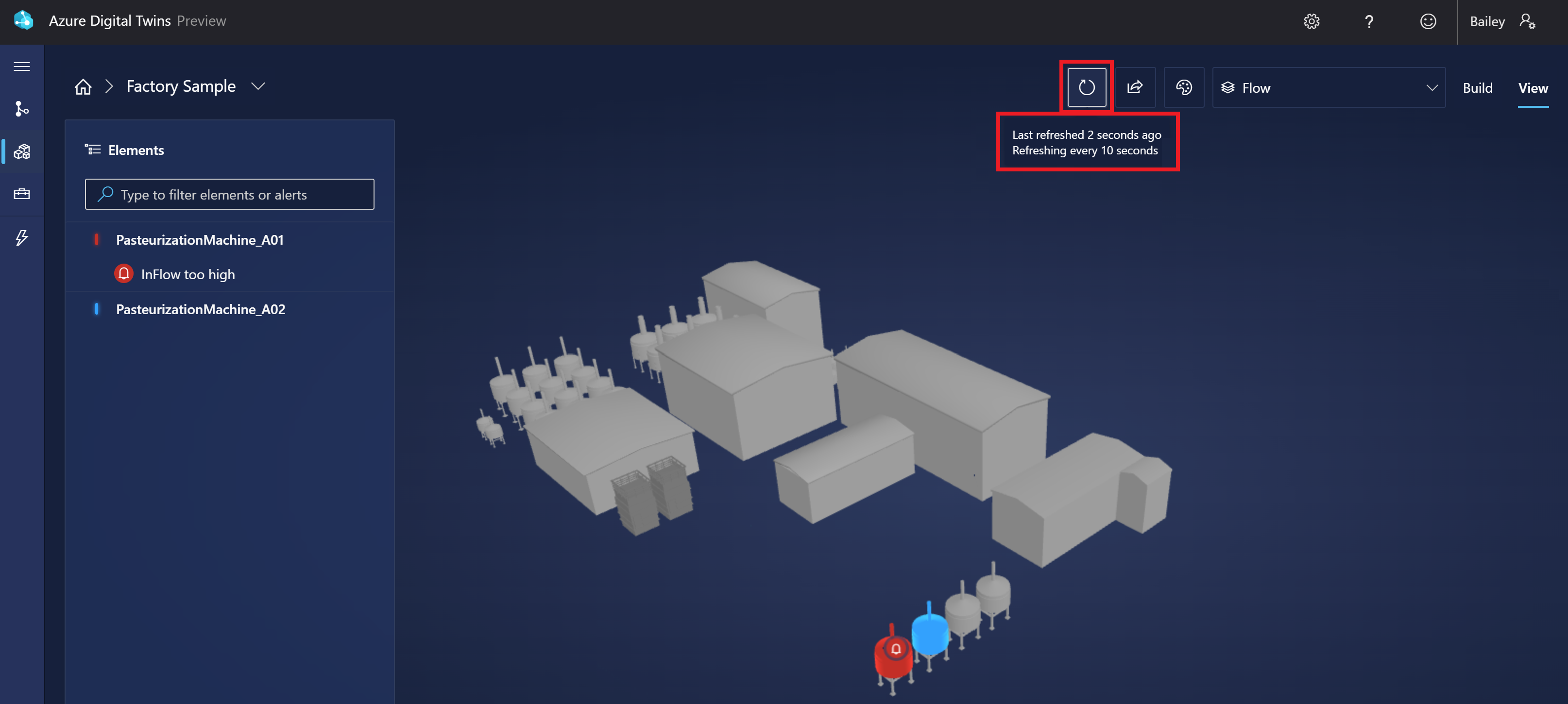 Schermopname van 3D Scenes Studio in de weergavemodus. De knop Vernieuwen is gemarkeerd.