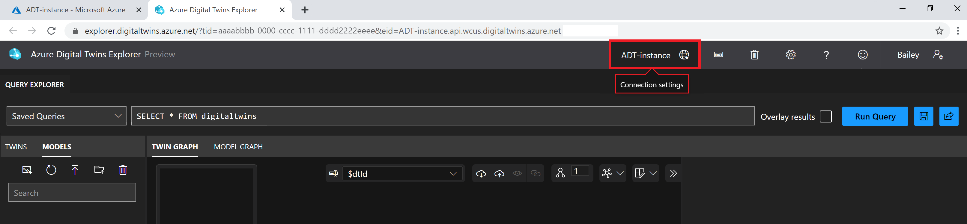 Schermopname van Azure Digital Twins Explorer. De naam van het exemplaar in de bovenste werkbalk is gemarkeerd.