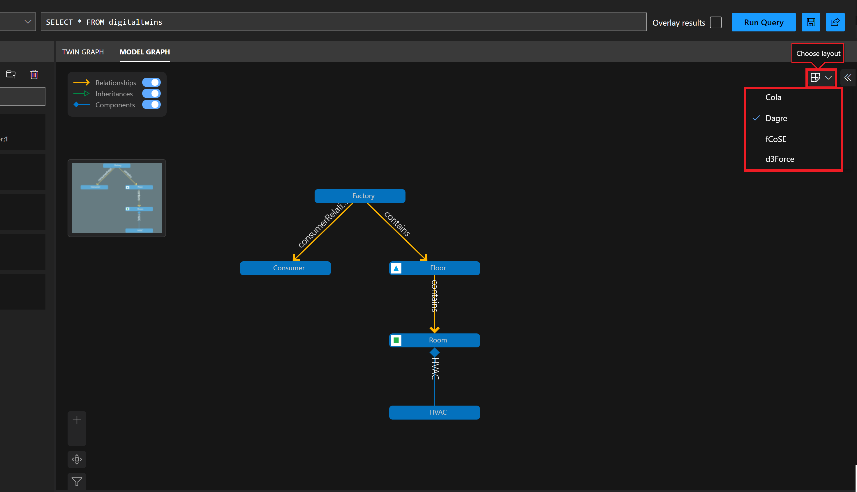 Schermopname van het deelvenster Model Graph van Azure Digital Twins Explorer. De knop Indeling kiezen is gemarkeerd, met een menu met de indelingsopties Cola, Dagre, fCoSE, Klay en d3Force.