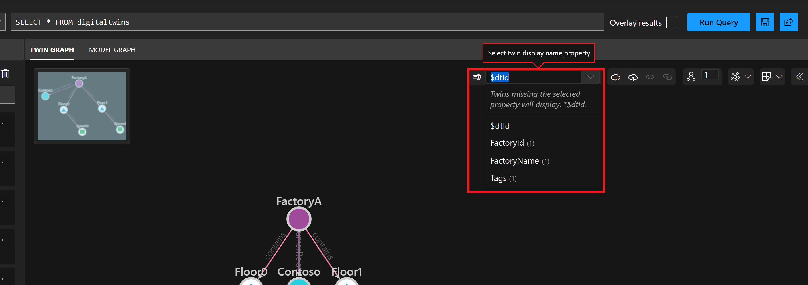 Schermopname van het deelvenster Azure Digital Twins Explorer Twin Graph. De knop Weergavenaam van selectiedubbel is gemarkeerd, met een menu met verschillende eigenschappen van de tweelingen in de grafiek.